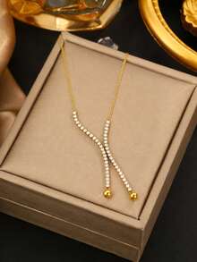 VceTd 2PCS Fashion Elegant Y-Shaped Necklace With Flat Blade Chain Layered Stainless Steel Women's Necklace Set Suitable For Daily Wear, Party Or Gift - Yellow Gold - View 5