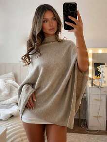2026 Women's Fashion Oatmeal Knitted Loose Poncho Sweater, Suitable For Autumn/Winter, Long Asymmetrical Design With Slight Stretch, Comfortable And Versatile - Oatmeal Color - View 2