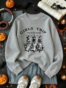 Women's Plus-Size Halloween Crewneck Sweatshirt – "Girls' Trip" & Witch Print – Casual & Simple – Autumn/Winter Plus-Size Top. - Grey - View 1