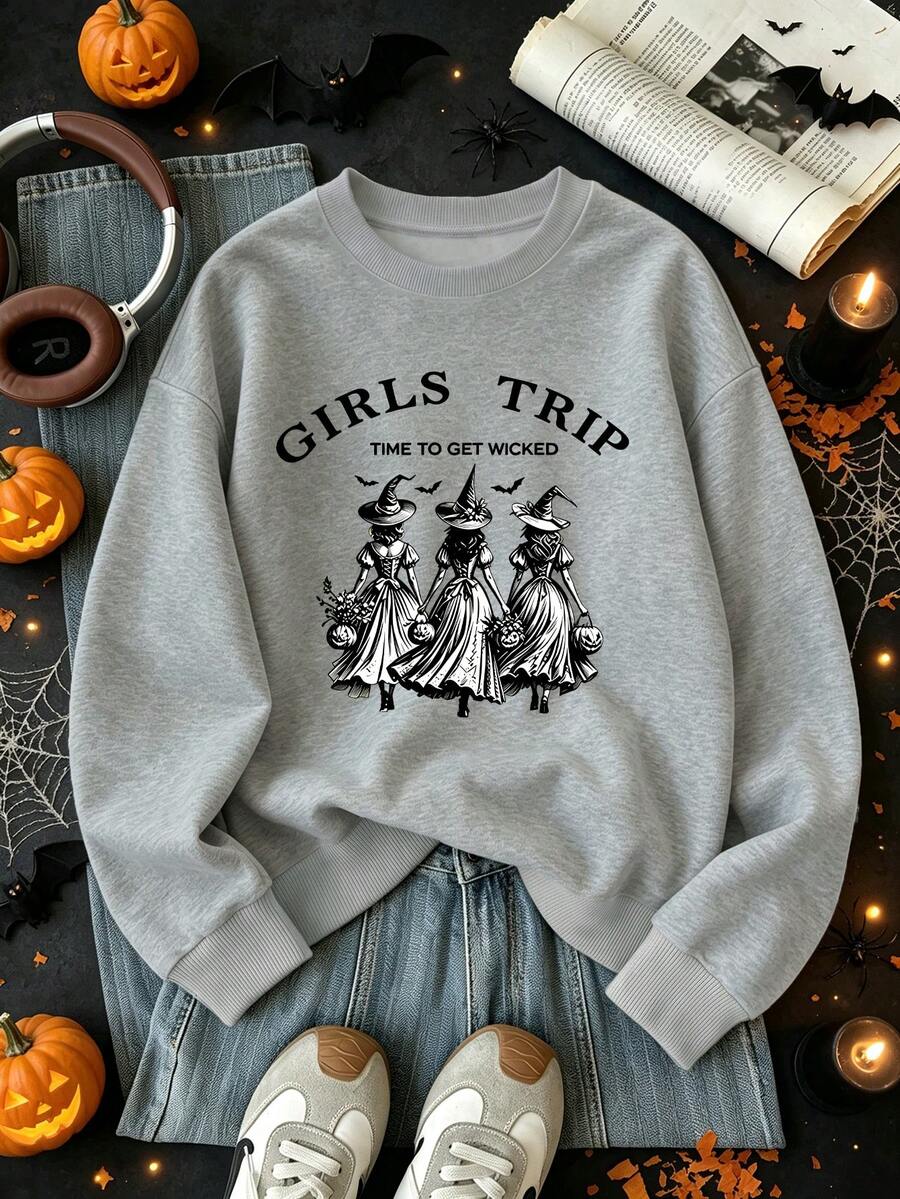 Women's Plus-Size Halloween Crewneck Sweatshirt – "Girls' Trip" & Witch Print – Casual & Simple – Autumn/Winter Plus-Size Top. - Grey - View 1