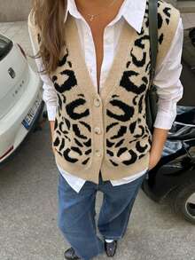 Casual Vacation Style Leopard Print Button Women's Sweater Vest Holiday Vacation Daily Autumn/Winter - Khaki - View 3