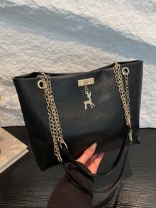 Large Capacity Handbag For Women, Chic Chain Shoulder Bag, New Fashion Underarm Bag, Retro Linen Tote Bag - Black - View 5