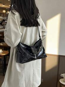 Fashion Solid Color PU Shoulder Bag, Buckle Design, Suitable For Women Shopping, Dating, Gift And Daily Use - Black - View 5