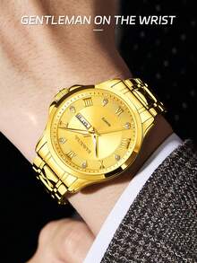 SUNKTA LIGE Men's Fashion Brand Watch Luminous Date Quartz Watch Water-Resistant Stainless Steel Band Luxury Minimalist Watch For Men - Gold - View 3