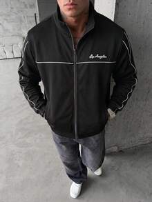 YUNCHIC Men's Casual Stand Collar Zip-Up Jacket, Los Angeles Letter Print, Sporty Style, Versatile Spring/Autumn Outerwear - Black - View 2