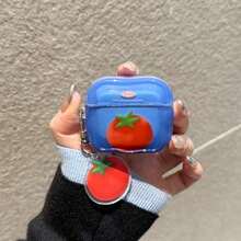 Cute Tomato Decor Wavy Edge Earbud Case, Blue Soft Silicone Shock‑Absorbing Protective Cover With Tomato Charm Braided Lanyard Accessory 1/2/3/4/Pro/Pro2(Nd)/Pro(3rd) - Blue - View 1