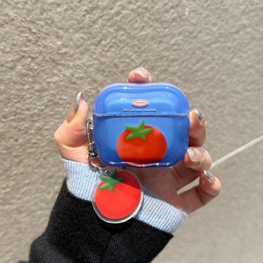 Cute Tomato Decor Wavy Edge Earbud Case, Blue Soft Silicone Shock‑Absorbing Protective Cover With Tomato Charm Braided Lanyard Accessory 1/2/3/4/Pro/Pro2(Nd)/Pro(3rd) - Blue - View 1