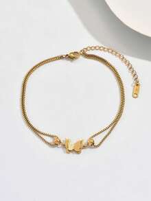 1pc Luxury Niche Butterfly Anklet Mother's Day Warm Gift Double Layer Chain Design Exquisite Small Beads Embellishment Warm Elegant Fashion Versatile Accessory - Anklet - View 5
