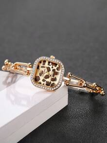 Women's Luxury Rhinestone Leopard Print Wristwatch, Square Leopard Print Dial U-Shaped Beaded Bracelet Style Personalized Quartz Watch, Gift For Girlfriend (1pc/Set) Watch Box Not Included - Gold - View 7