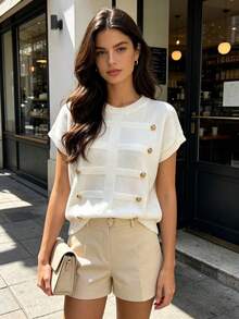 Elegant Elegant Metal Button Design Solid Color Round Neck Pullover Sweater, Fashion Versatile Minimalist Loose Drop Shoulder Short Knit White - White - View 3