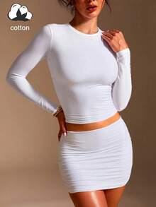 Women's Fitted Long Sleeve T-Shirt, Pure Cotton Material, Fashionable & Minimalist - White - View 7