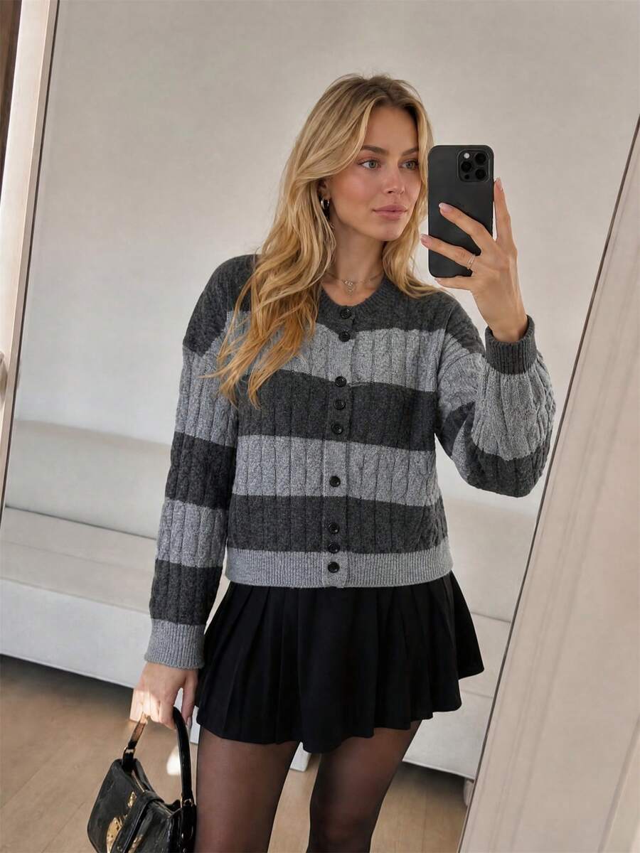 Wixra Women Round Neck Color Block Stripe Cable Knit Cardigan Long Sleeve Button Down Loose Short Knit Jacket - Grey - View 1