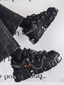 GAISIMA Premium New Dad Style Metallic Punk Men's Height-Increasing Thick Sole Fashionable Big Toe Derby Shoes Colorblock Casual Shoes - Black - View 6