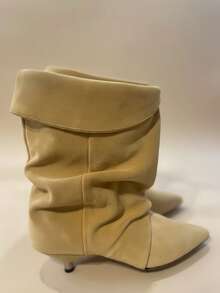 Autumn/Winter New Pointed Toe Kitten Heel Folded Ruched Mid-Calf Boots Fashion Elegant Versatile Ankle Boots For Women - Khaki - View 1