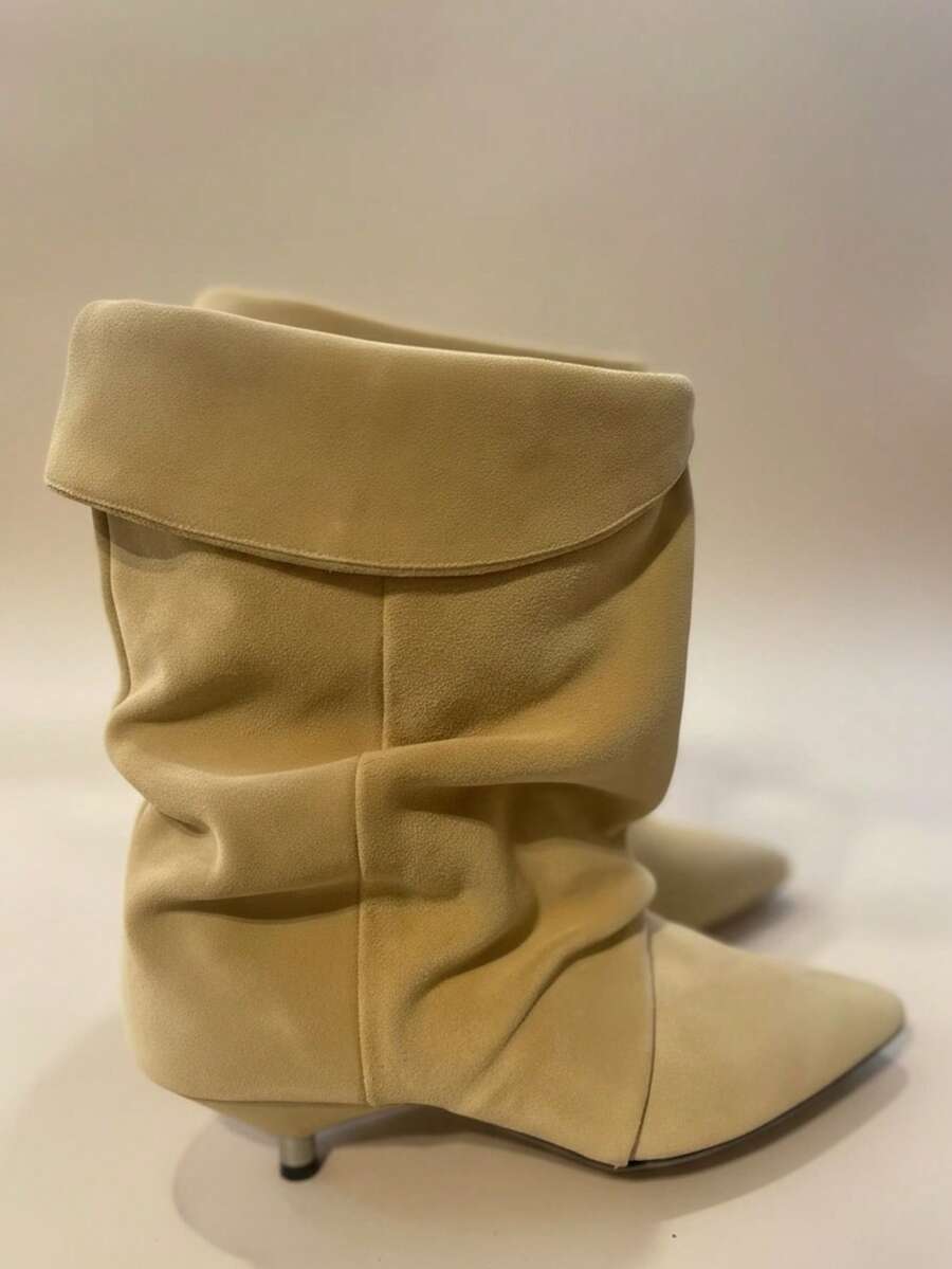 Autumn/Winter New Pointed Toe Kitten Heel Folded Ruched Mid-Calf Boots Fashion Elegant Versatile Ankle Boots For Women - Khaki - View 1