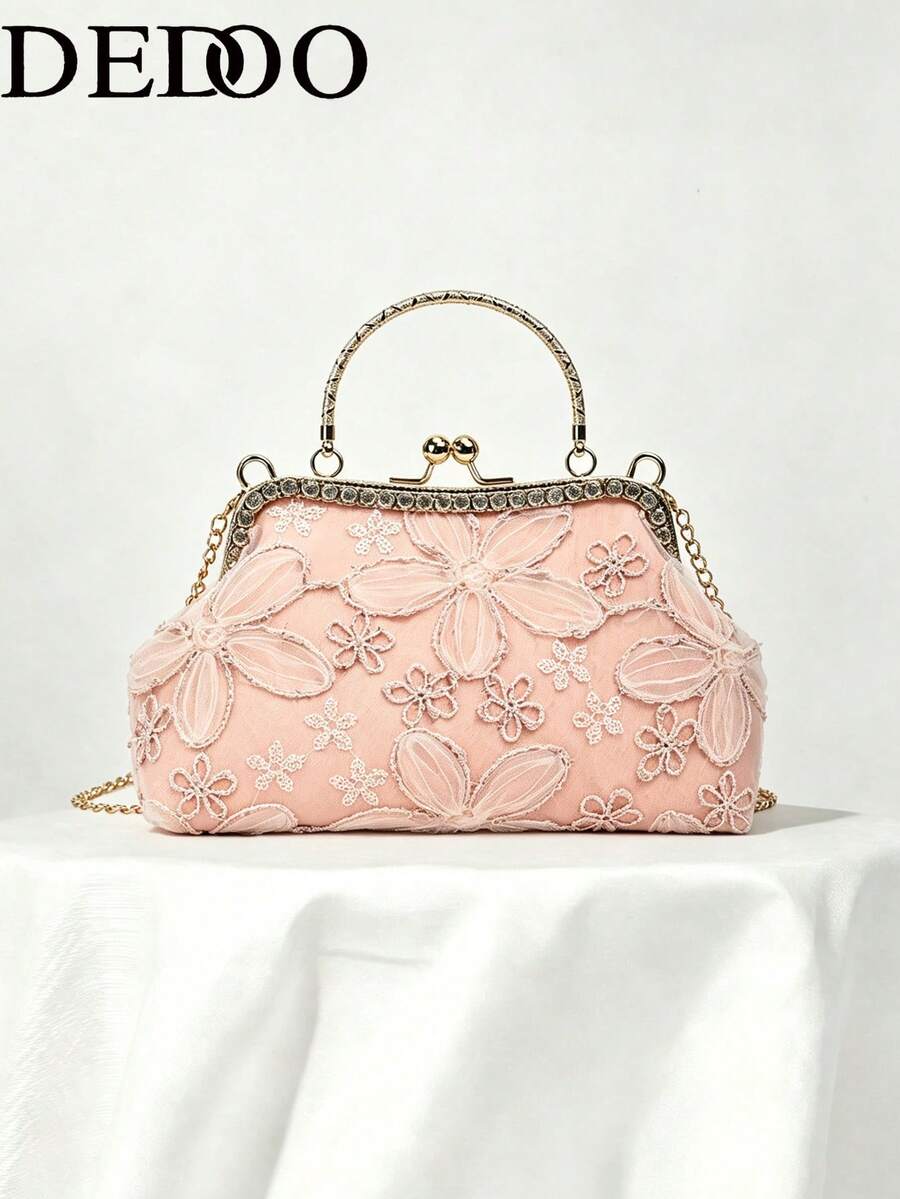 Dedoo 女款晚宴手拿包，3D花卉蕾絲刺繡圖案，水鑽飾邊金屬手柄，復古仙女風，婚禮茶會新娘包