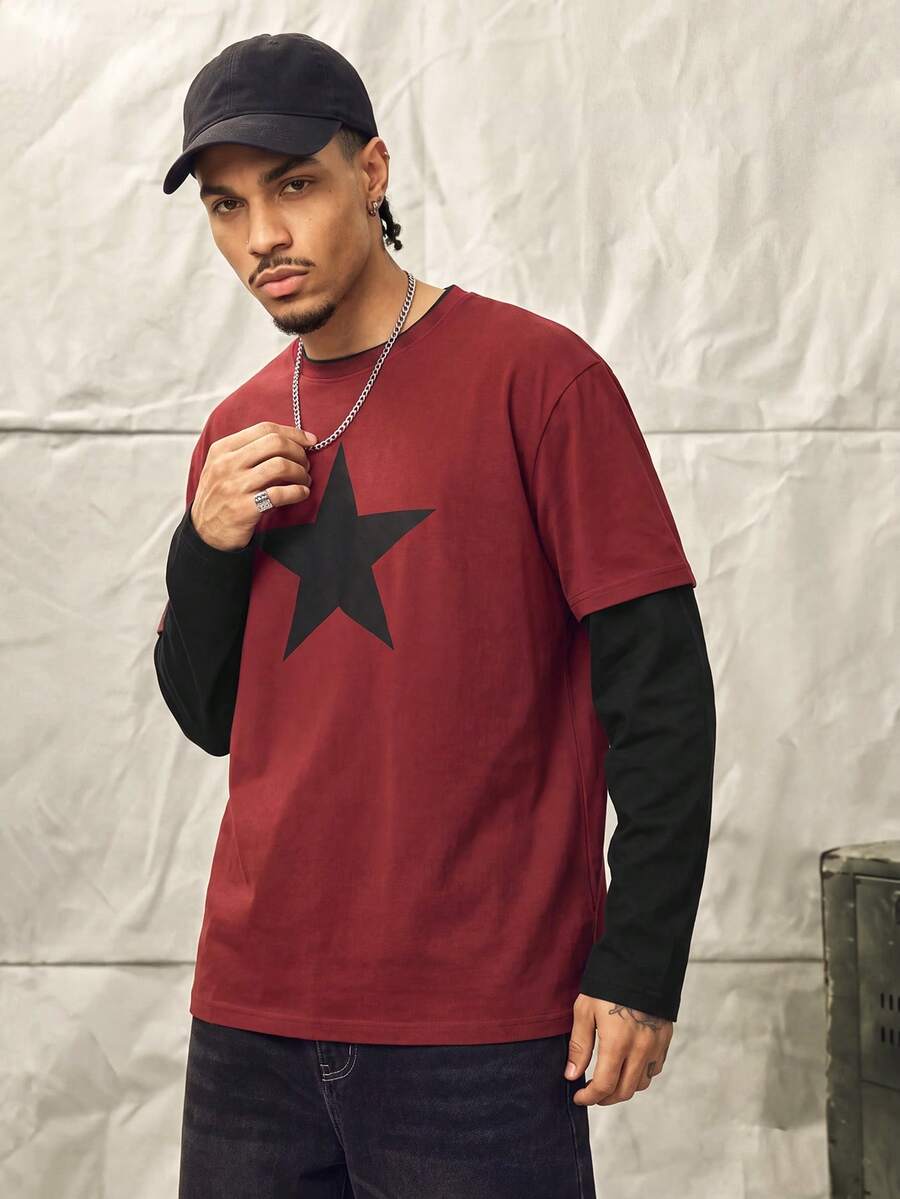 Norleigh Men's Plus Size Star Print Colorblock 2 In 1 T-Shirt - Red - View 1