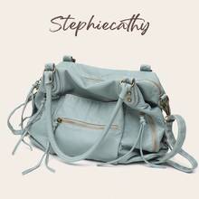 STEPHIECATHY Street Style Women's Brushed Color Washed PU Faux Leather Crossbody Shoulder Tote Bag, Large Multi-Pocket Practical Casual Handbag For Daily Commute, Travel And Campus - Dusty Blue - View 4