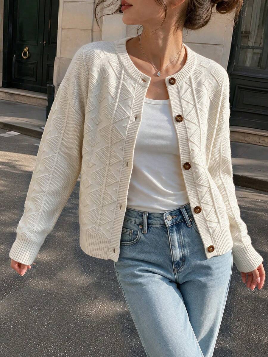 Women's Solid Color Textured Knit Cardigan, Casual Daily Wear Front Button Jacket, Minimalist Long Sleeve Autumn/Winter - Beige - View 1