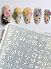 1Pc Cute Button Silicone Nail Art Mold, 3D Cartoon Cat Rabbit Apple Star Button Flower Butterfly Multi‑Pattern Nail Carving Template Reusable Clear 3D Embossed Resin Casting Template For DIY UV Gel Nail Charms Salon Home Manicure Decorations - Clear - View 4