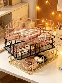 1pc Nordic Metal Wire Storage Basket, Gold & Rose Gold Desktop Organizer Tray, Vanity Makeup Cosmetic Sundries Storage Holder - Multicolor - View 3