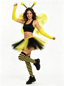 4pcs Cute Bee Costume Set: Bee Striped Dress + Headband + Bee Wings + Striped Socks, Perfect For Carnival, Festivals, Parties And Role Play, Halloween Cosplay - Multicolor - View 8