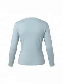 Women's Casual Minimalist Henley Collar Long Sleeve T-Shirt, Slim Fit Base Layer Top With Buttons, Regular Shoulder, Autumn - Blue - View 10