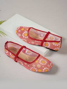 Women's Red Lace‑Up Mary Jane Ballet Flats, Square Toe With Buckle Accent, Casual Shoes - Red - View 5