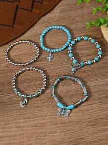 5pcs/Set Western Cowboy Style Butterfly Hat Bull Cactus Pendant Turquoise Beaded Multi-Layer Bracelet Fashion Personalized Women's Hand Jewelry Suitable For Daily Wear And Shopping Party - Multicolor - View 3