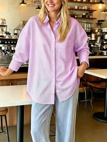 Plus Size Women's Striped Print Button-Up Shirt With Pockets, Autumn/Winter Fashion Casual Commute Blouse - Pink - View 2