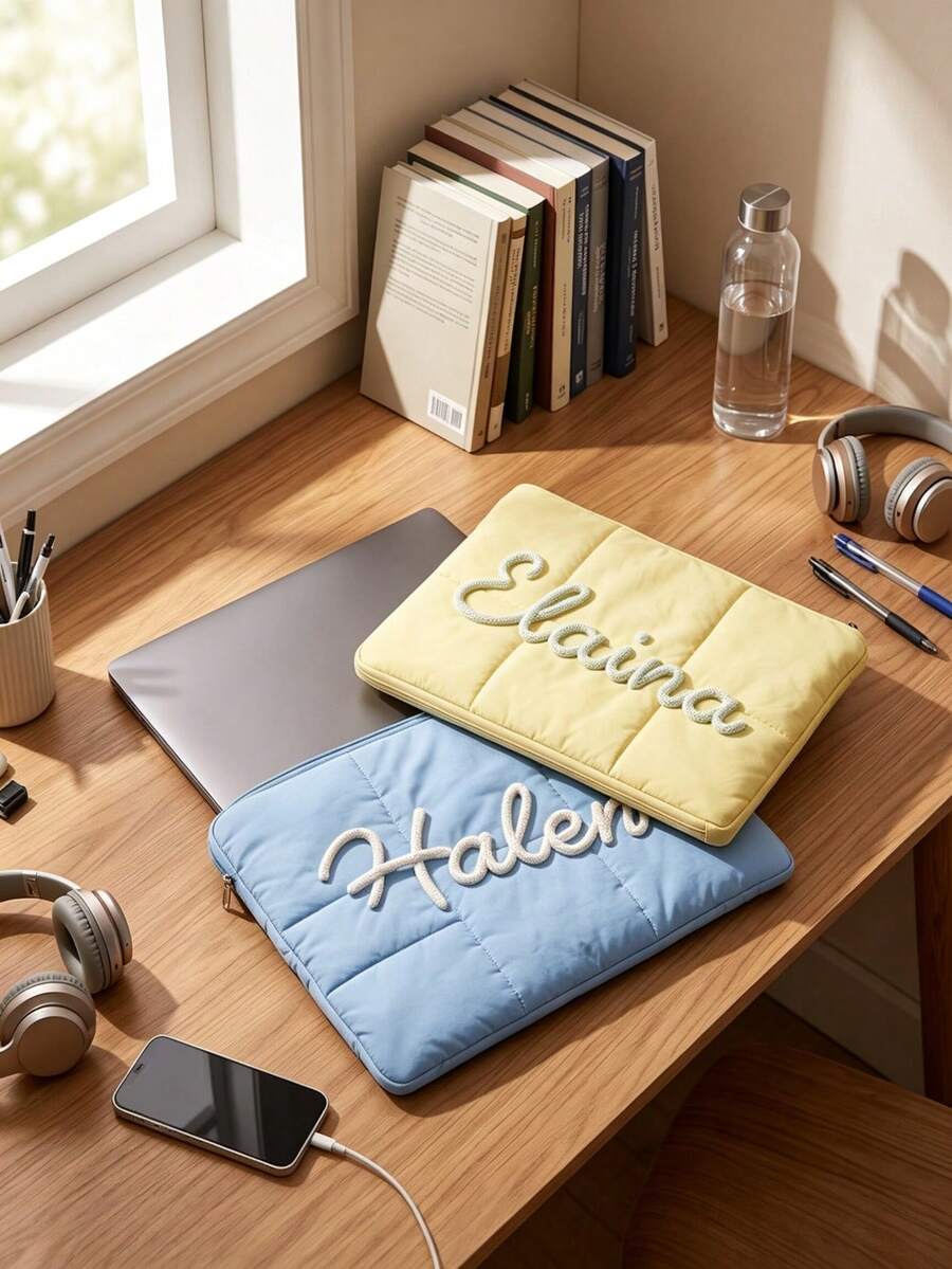 1pc Customized Embroidered Name Quilted Tablet Bag, Soft Portable Personalized Bedroom Travel Storage Bag, Holiday Wedding Gift - Multicolor - View 1