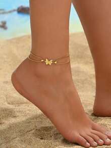 1pc Luxury Niche Butterfly Anklet Mother's Day Warm Gift Double Layer Chain Design Exquisite Small Beads Embellishment Warm Elegant Fashion Versatile Accessory - Anklet - View 1