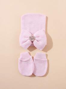 1 Set Newborn Baby Girl Striped Rhinestone Bow Hat + Anti-Scratch Mittens Set, Soft Elastic Breathable Warm Baby Accessories, Suitable For 0-3 Months, Perfect For Daily Wear, Photo Shoots And Parties - 1Set - View 8
