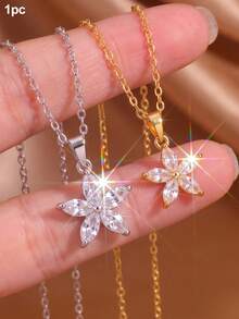 1pc Fashionable & Fresh Pentagonal Flower Petal Cubic Zirconia Pendant Women Clavicle Chain Valentines - Multicolor - View 7
