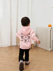 Baby Girls Halloween Graphic Hoodie, Cute Pumpkin Bow Spider Web Bat Print Long Sleeve Pullover Hooded Sweatshirt For Fall Daily - Pink - View 3
