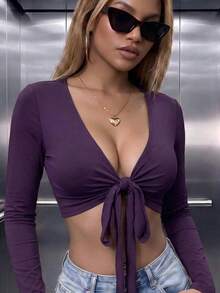 Women's Casual Solid Color Deep V-Neck Knot Fitted Cropped Long Sleeve Top, Suitable For Daily Autumn & Winter, Going Out Summer - Purple - View 2