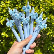 20pcs Aesthetic Blue Bow Decor Retractable Gel Pens, 0.5mm Black Ink Smooth Writing Pens,School Office Supplies,Birthday Gift,Party Favors - Blue - View 10