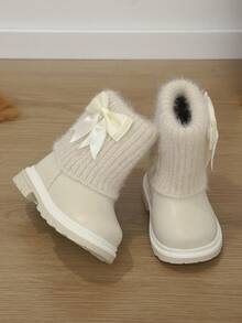 1 Pair Baby Girl Bow Decor Fuzzy Fleece Lined Warm Comfortable Flat Short Boots Snow Boots For Autumn Winter - Beige - View 5