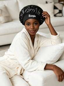 1pc Women's Satin Sleep Cap, 12 Zodiac Print Oversized Night Cap, Loose Elastic Band, Lightweight Silky Hair Protection Cap - Black - View 3