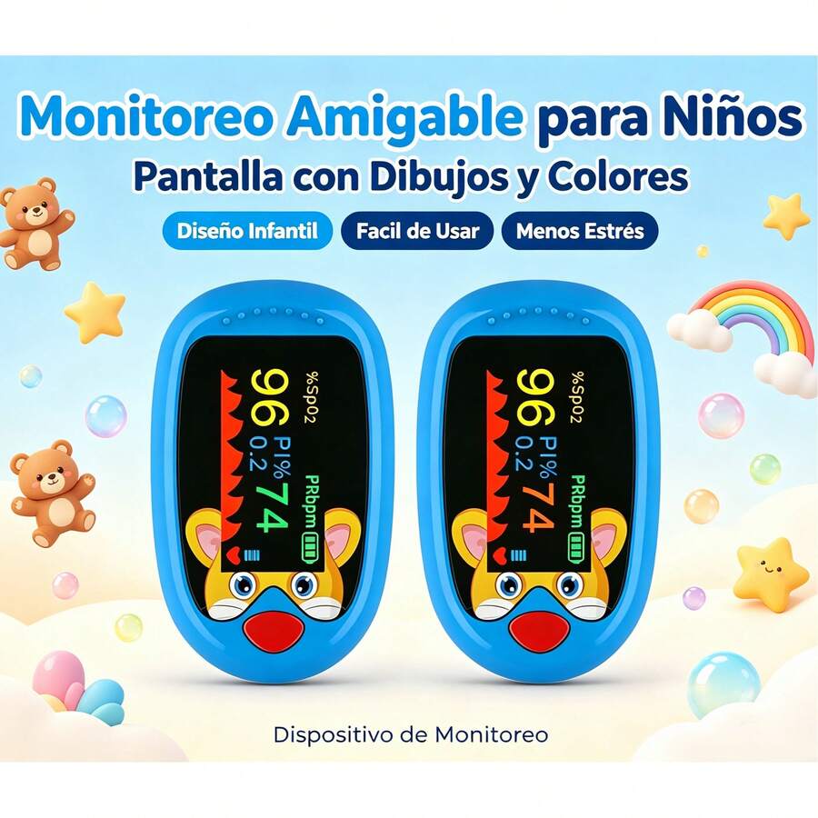 Pulsovital Oxímetro de Pulso de Dedo Pediátrico Recargable USB, Pantalla OLED Diseño Infantil, Medición de Saturación SPO2 y Frecuencia Cardíaca, Uso Doméstico