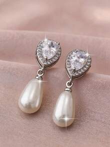 1pair Elegant Teardrop‑Shaped Cubic Zirconia & Faux Pearl Dangle Earrings, Bridal Wedding Jewelry For Ceremony, Banquet, Daily Wear, Party & Gift - White - View 1