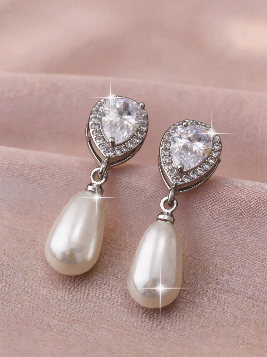1pair Elegant Teardrop‑Shaped Cubic Zirconia & Faux Pearl Dangle Earrings, Bridal Wedding Jewelry For Ceremony, Banquet, Daily Wear, Party & Gift - White - View 1