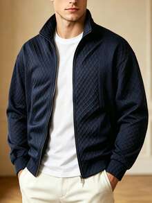 Men's Autumn/Winter Double Zipper Diamond Quilted Textured Fabric Casual Jacket - Navy Blue - View 2