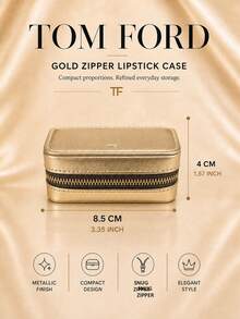 Tom Ford حافظة أحمر شفاه بسحاب باللون الذهبي من TF، مقاس 8.5*4 سم، قطعة واحدة، معدنية الملمس، صغيرة ومحمولة، مناسبة لإعادة وضع المكياج اليومي والسفر، لتخزين أحمر الشفاه ومستحضرات التجميل الصغيرة - الذهبي - مشاهدة 4