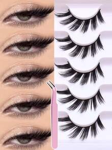 5 Pairs Natural Fox‑Eye False Strip Eyelashes, Wispy Flared Long Lashes With Outer Corner Extension, Light Soft Comfort‑Fit Band Reusable Eye Lashes, Natural‑Lifting Effect False Eyelashes, Ideal For Daily, Wedding, Club & Holiday Makeup - Black - View 1