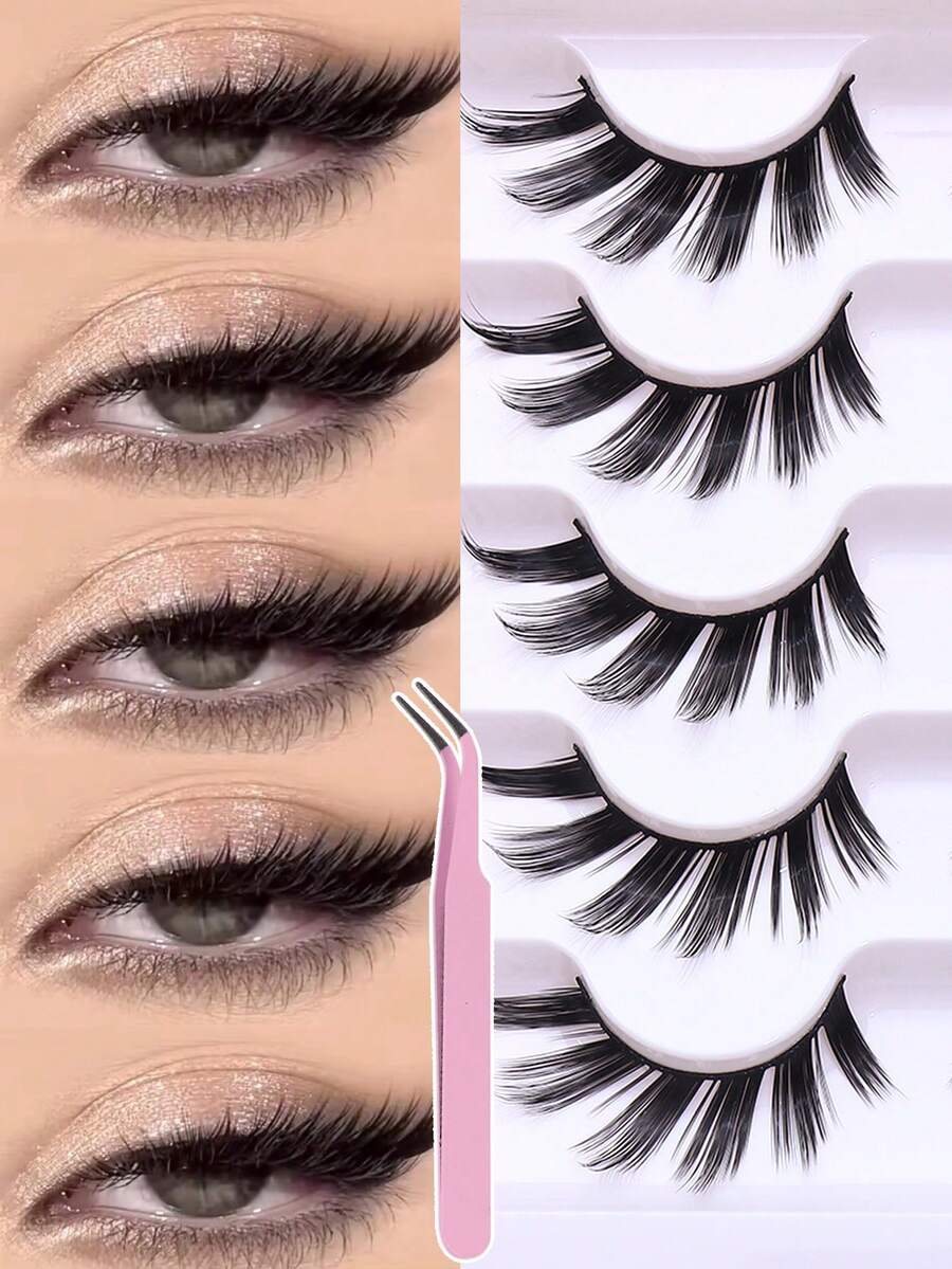 5 Pairs Natural Fox‑Eye False Strip Eyelashes, Wispy Flared Long Lashes With Outer Corner Extension, Light Soft Comfort‑Fit Band Reusable Eye Lashes, Natural‑Lifting Effect False Eyelashes, Ideal For Daily, Wedding, Club & Holiday Makeup - Black - View 1