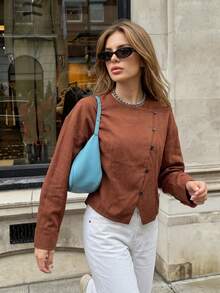 Women's Brown Asymmetric Diagonal Button Long Sleeve Shirt, Diagonal Collar Cuffed Sleeve Casual Commute Crop Top - Brown - View 3