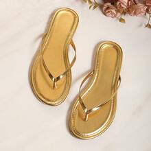 1 Pair Solid Color Sexy French Style Flip Flops For Women, Outdoor Wear, Holiday, Beach, Vacation, Party, Home, Summer - Gold - View 1