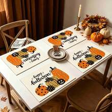 1/4/6pcs Autumn Series Polka Dot Pumpkin Pattern Printed Placemats, Heat-Resistant Table Mat For Home Kitchen, Table Protection, Kitchen Dining Table, Party Scene Decoration - Multicolor - View 4