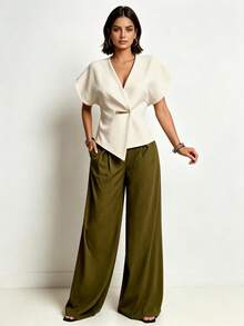 IGKEEL Women's Spring Summer Autumn Top, Suitable For Work, Daily Wear, Commuting And Office Occasions, Solid Color Asymmetrical Hem Single Button Vest Top - Apricot - View 2